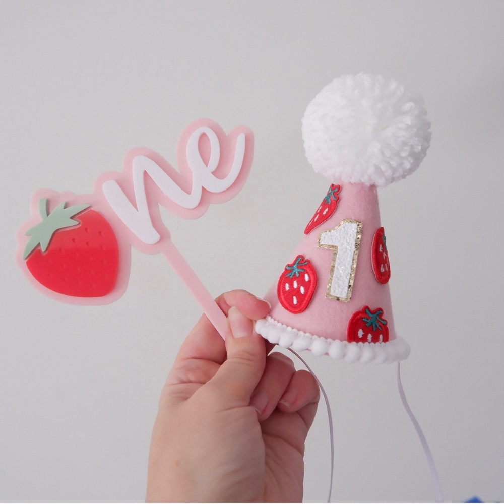 Strawberry theme 1st birthday hat + ONE cake topper
